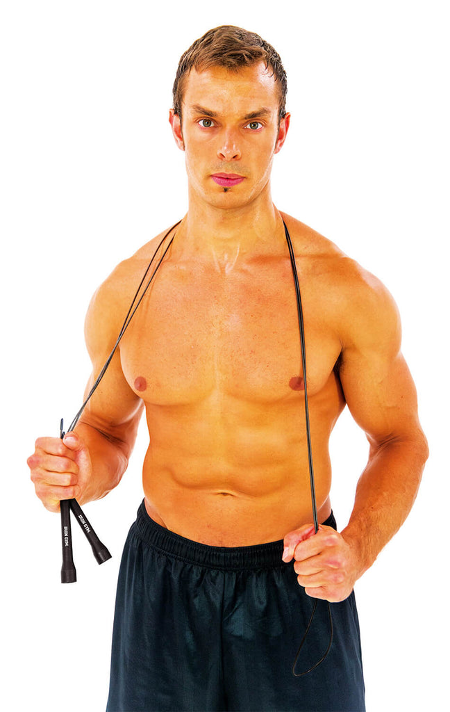 Man holding Iron Gym Wire Skipping Rope around his shoulders