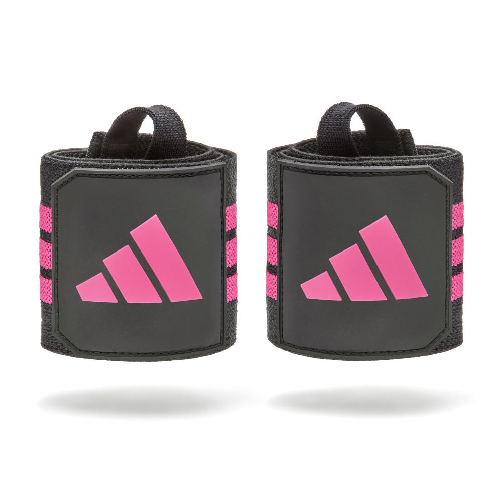 Pair of black adidas wrist wraps with pink stripes featuring Adidas logo on a white background