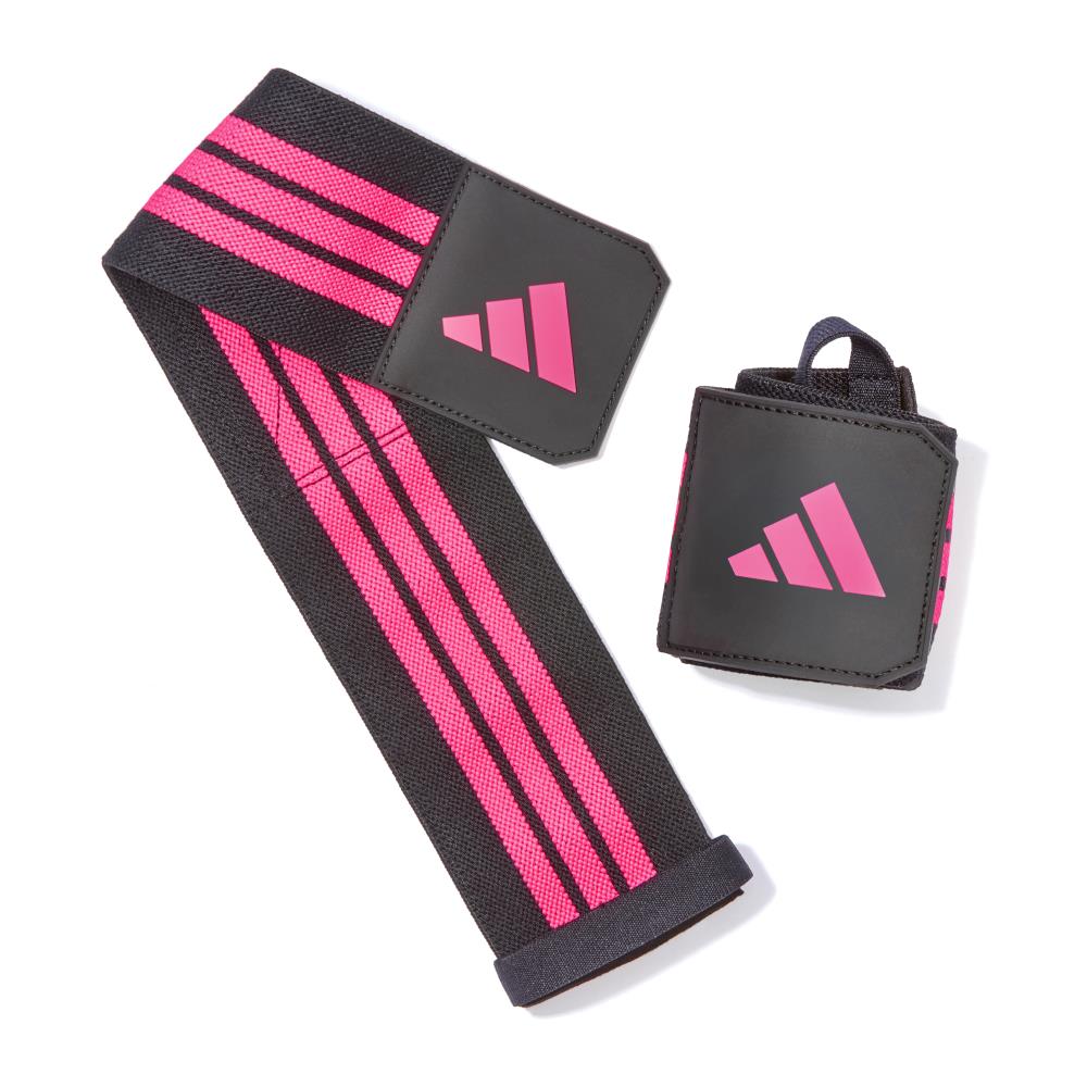 Black and pink wrist wrap swith Adidas logo on a white background