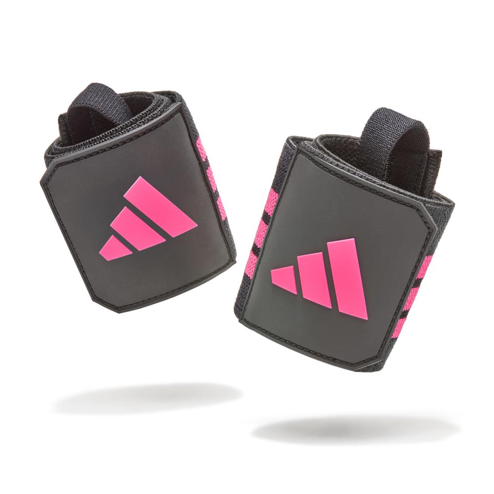 Black wrist wraps with pink Adidas logo on a white background