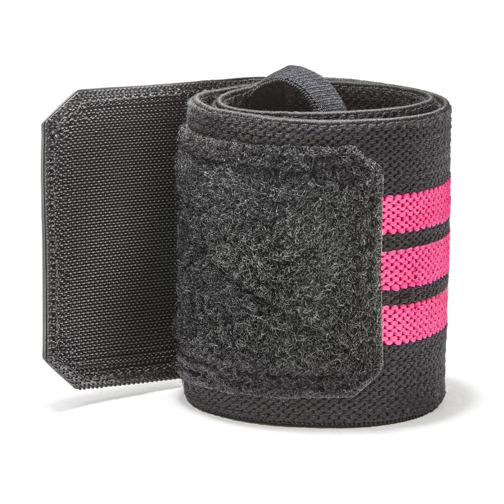 Black adidas wrist wrap with pink stripes on a white background