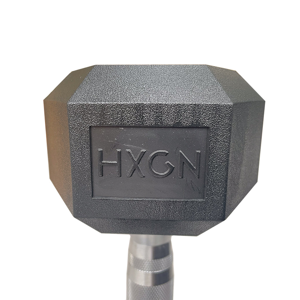 Hexagonal 10kg dumbbell with 'HXGN' branding