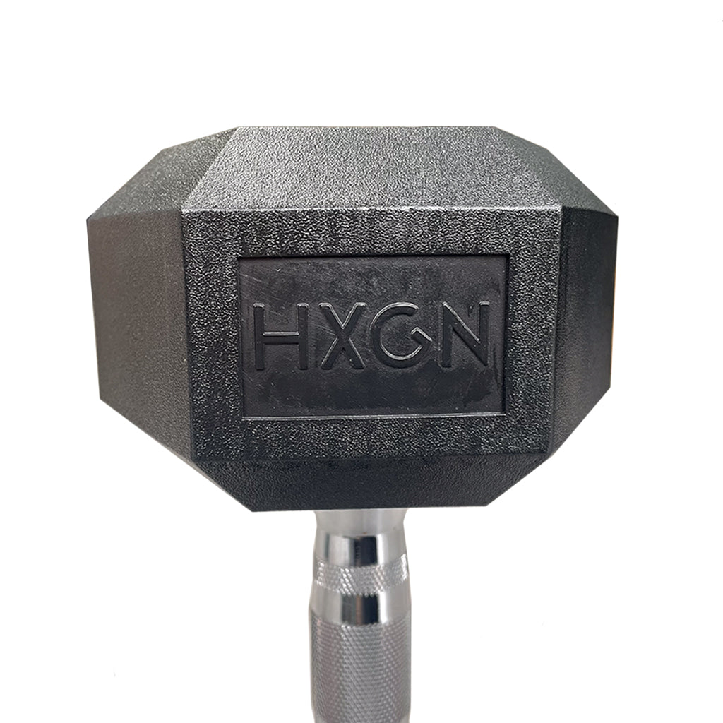 Hexagonal 15kg dumbbell with 'HXGN' branding