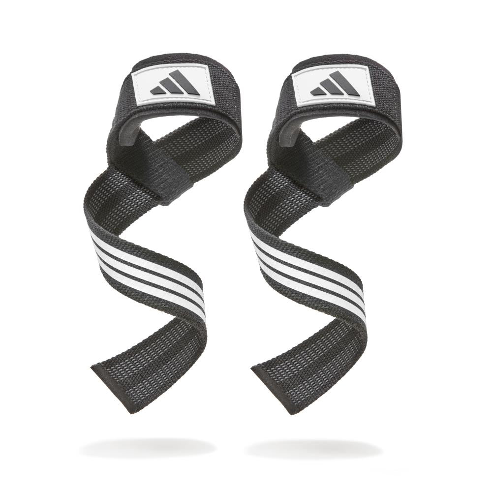 Pair of black wrist wraps with white stripes and Adidas logo on a white background