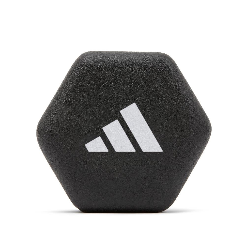 Black hexagonal weight with Adidas logo on a white background