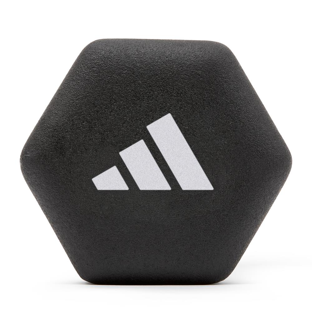 Black hexagonal 5kg neoprene dumbbell with Adidas logo on a white background