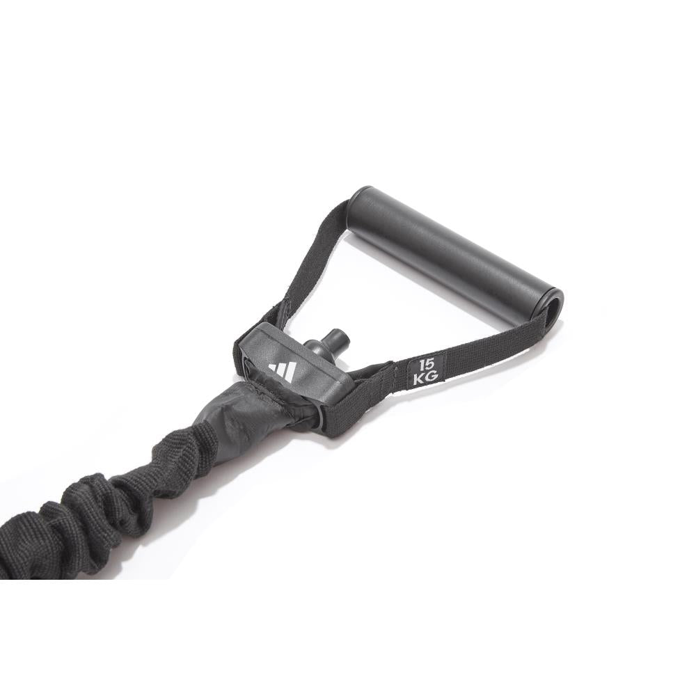 Black resistance band with handle and '15 KG' label on a white background