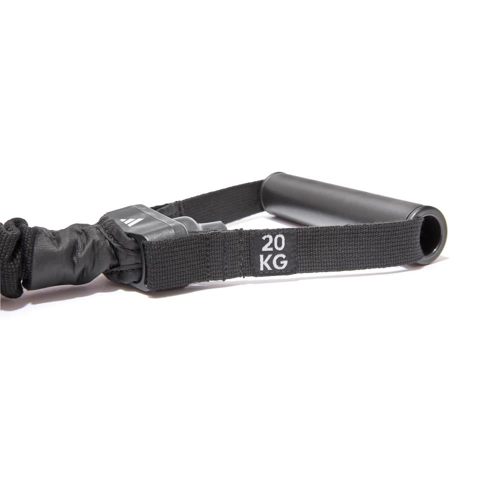 Black adidas resistance band with '20 KG' label on a white background