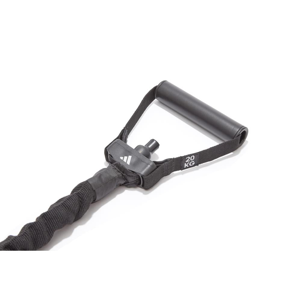 Black resistance band with handle and '20 KG' label on a white background