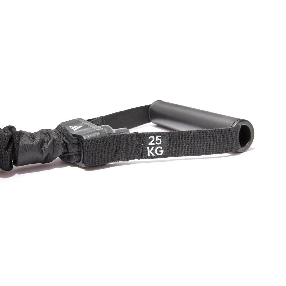 Black adidas resistance band with '25 KG' marking on a white background