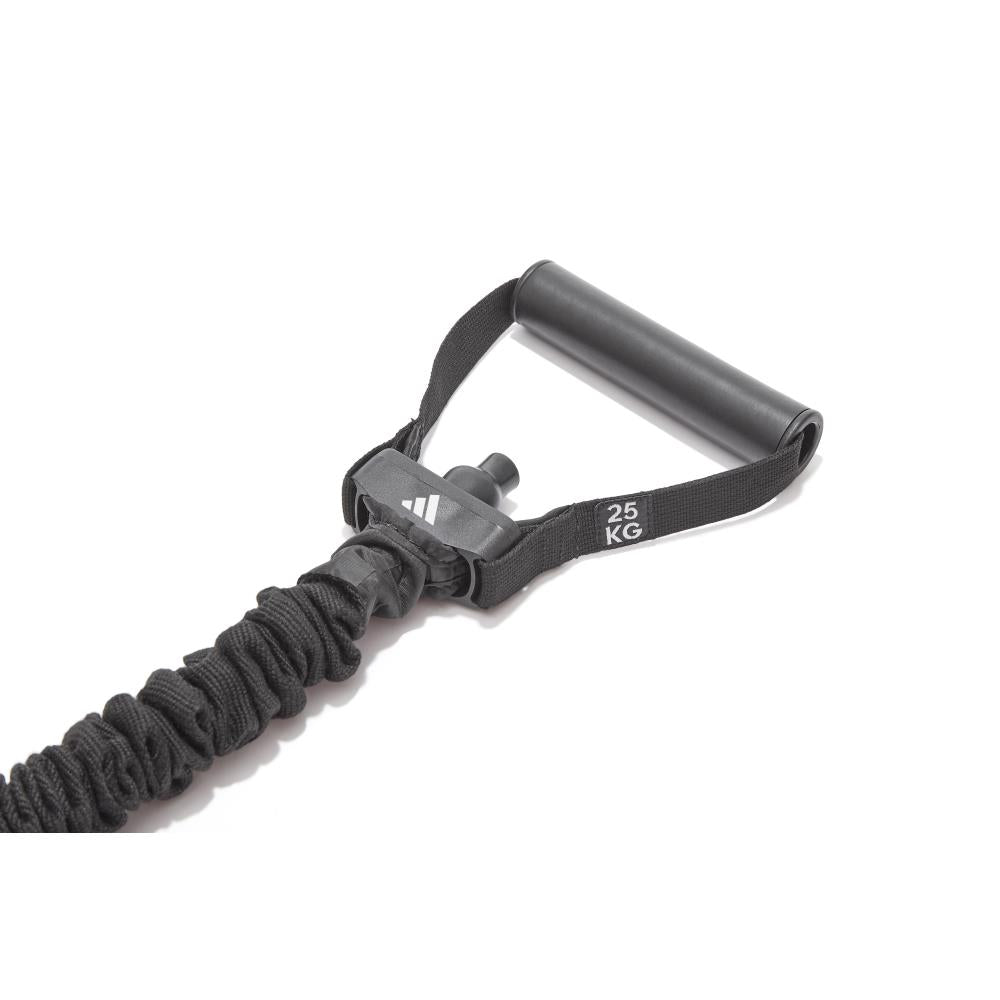 Adidas resistance band with handle and '25 KG' label on a white background