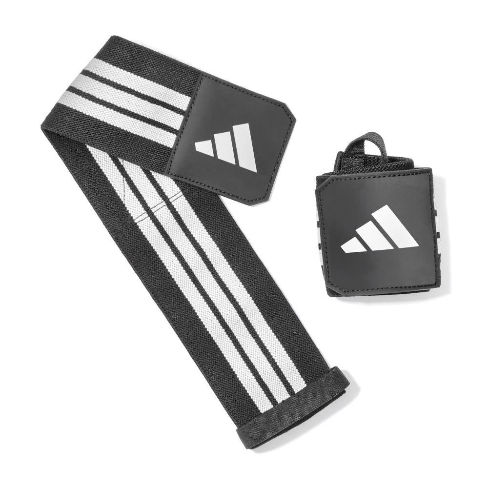 Black and white striped adidas wrist wraps with adidas logo on a white background