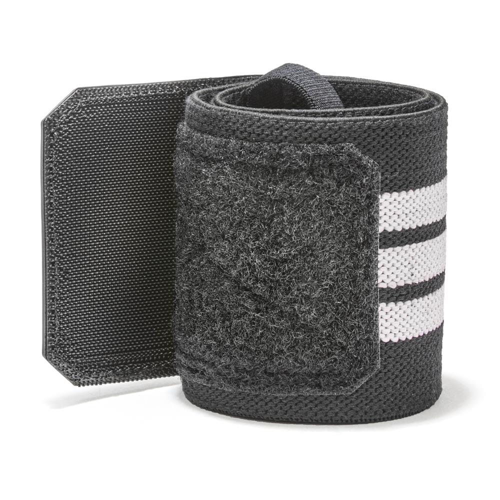 Black wrist wrap with white stripes on a white background