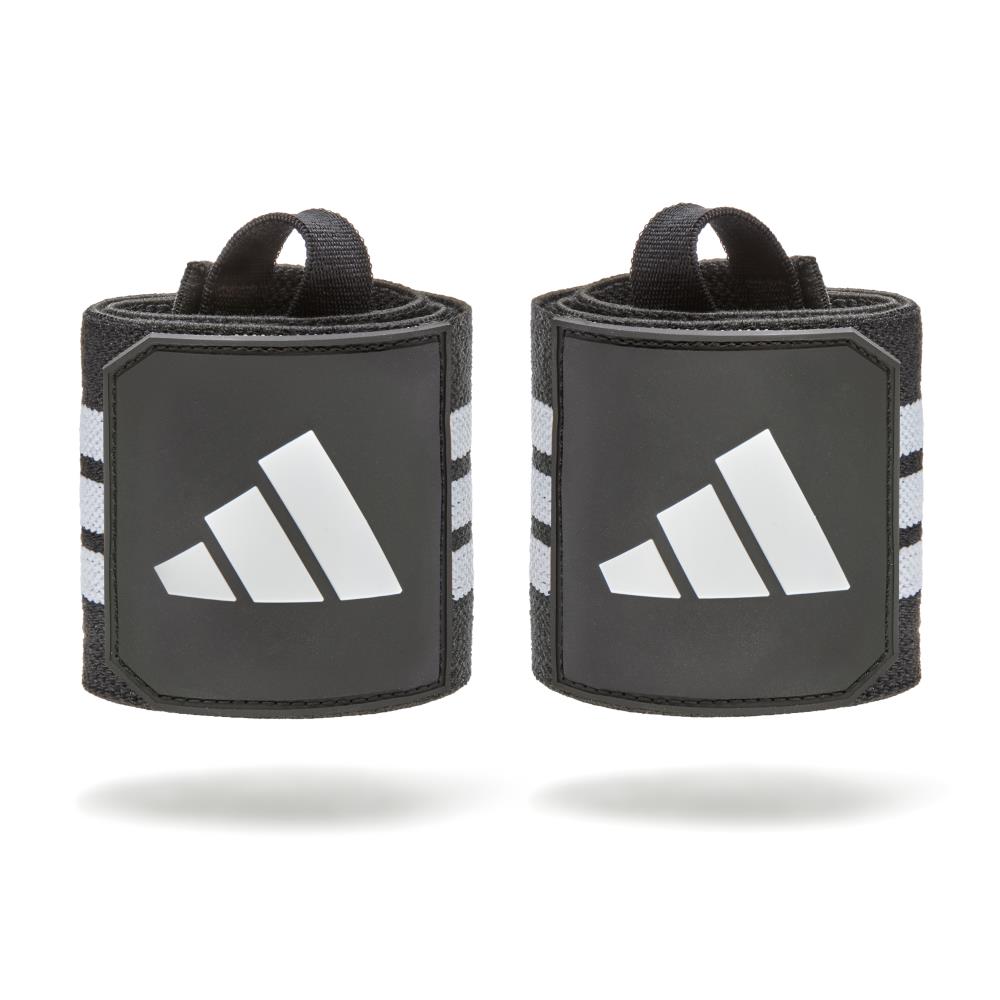 Pair of black wrist wraps with white Adidas logo on a white background