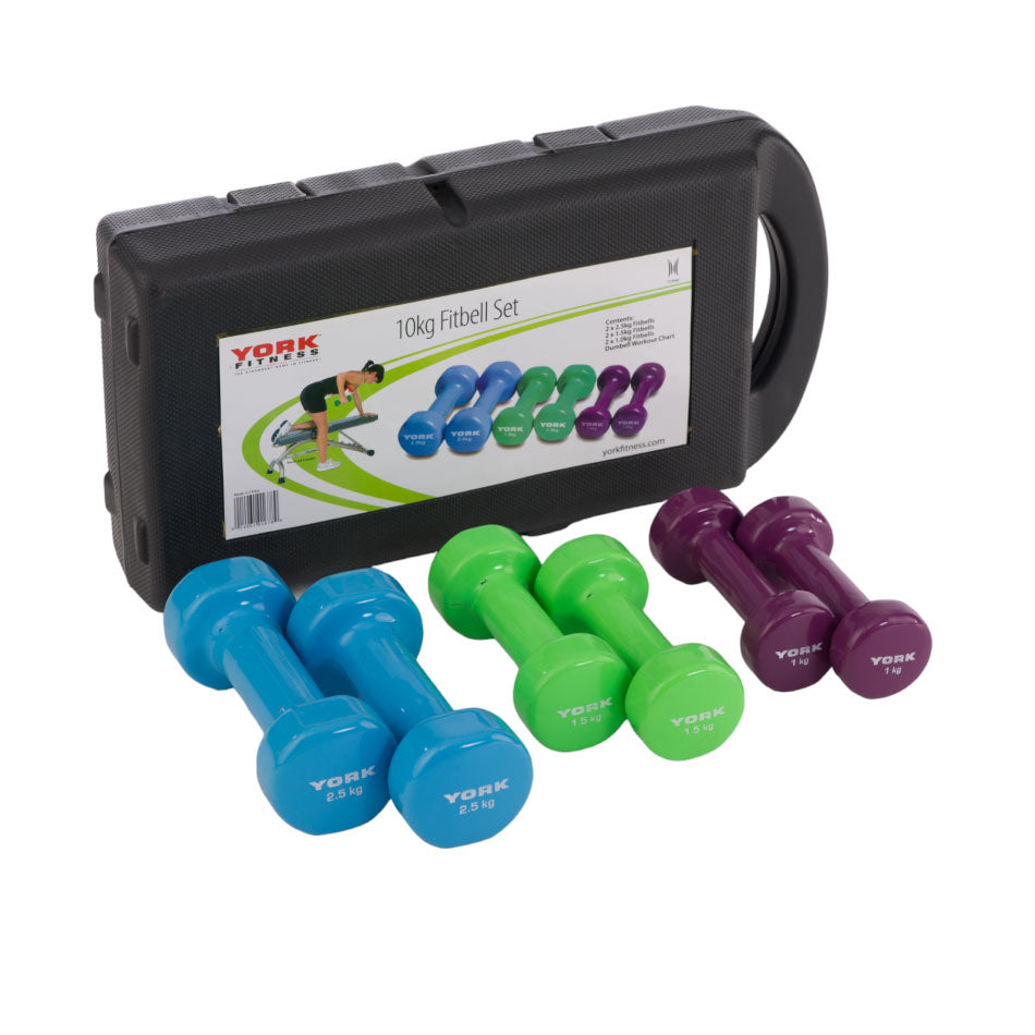 York 10kg Vinyl Dipped Dumbbell Set in Case