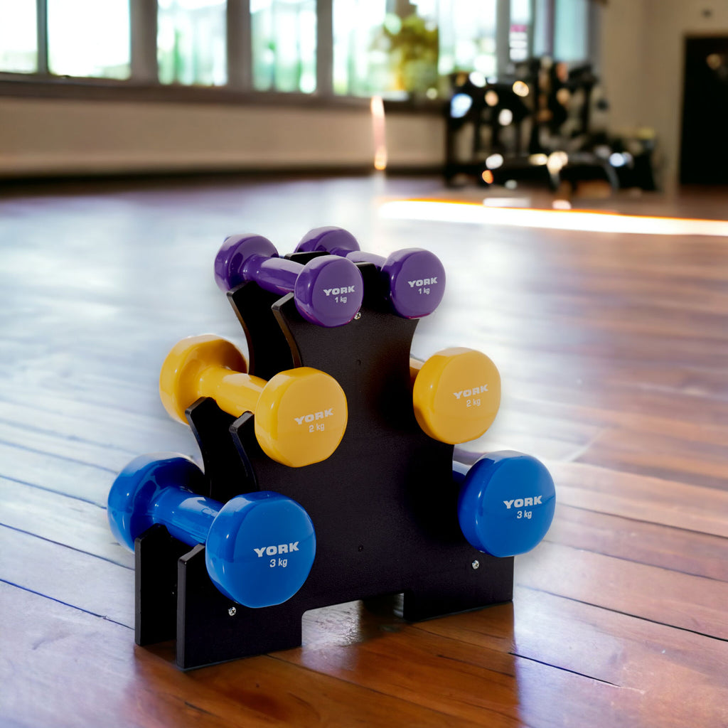 York 12kg Vinyl Dumbbell Weight Set with Stand at Home