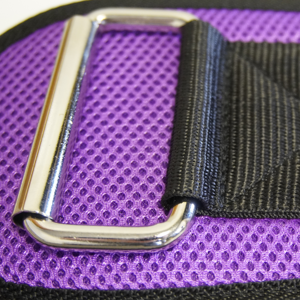 D ring buckle on purple workout belt