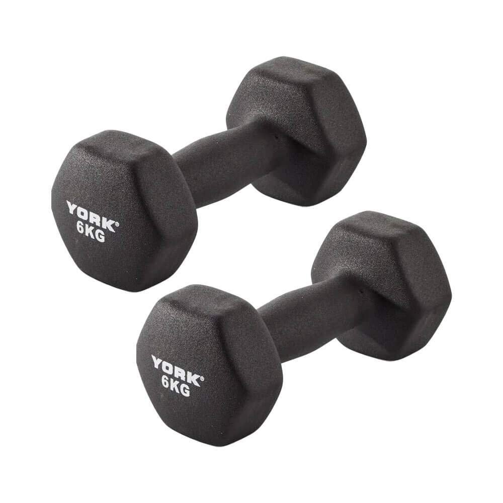 York Neoprene Hex Dumbbells 2 x 6kg - Black