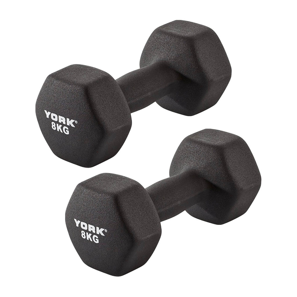 York Neoprene Hex Dumbbells 2 x 8kg - Black