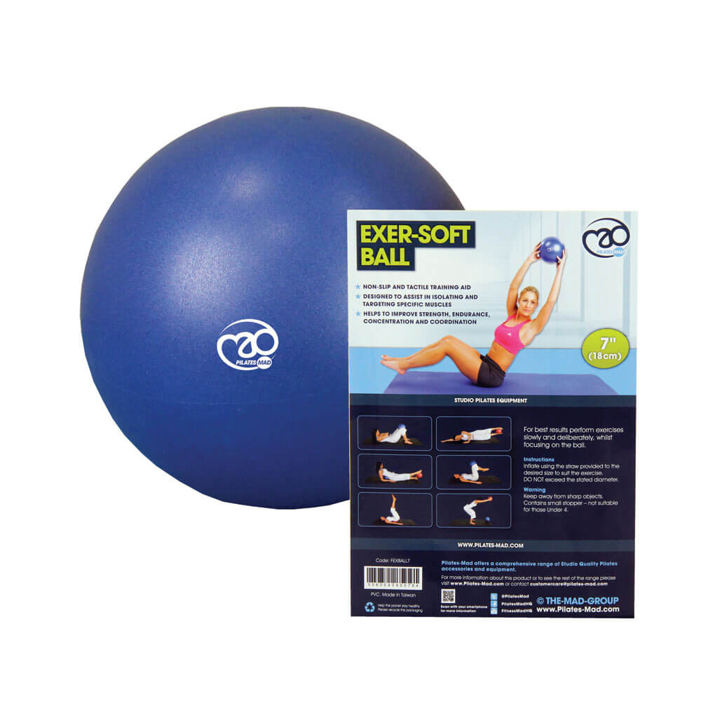 Fitness Mad 7 Inch Exer-Soft Ball - Blue with exercise instructions