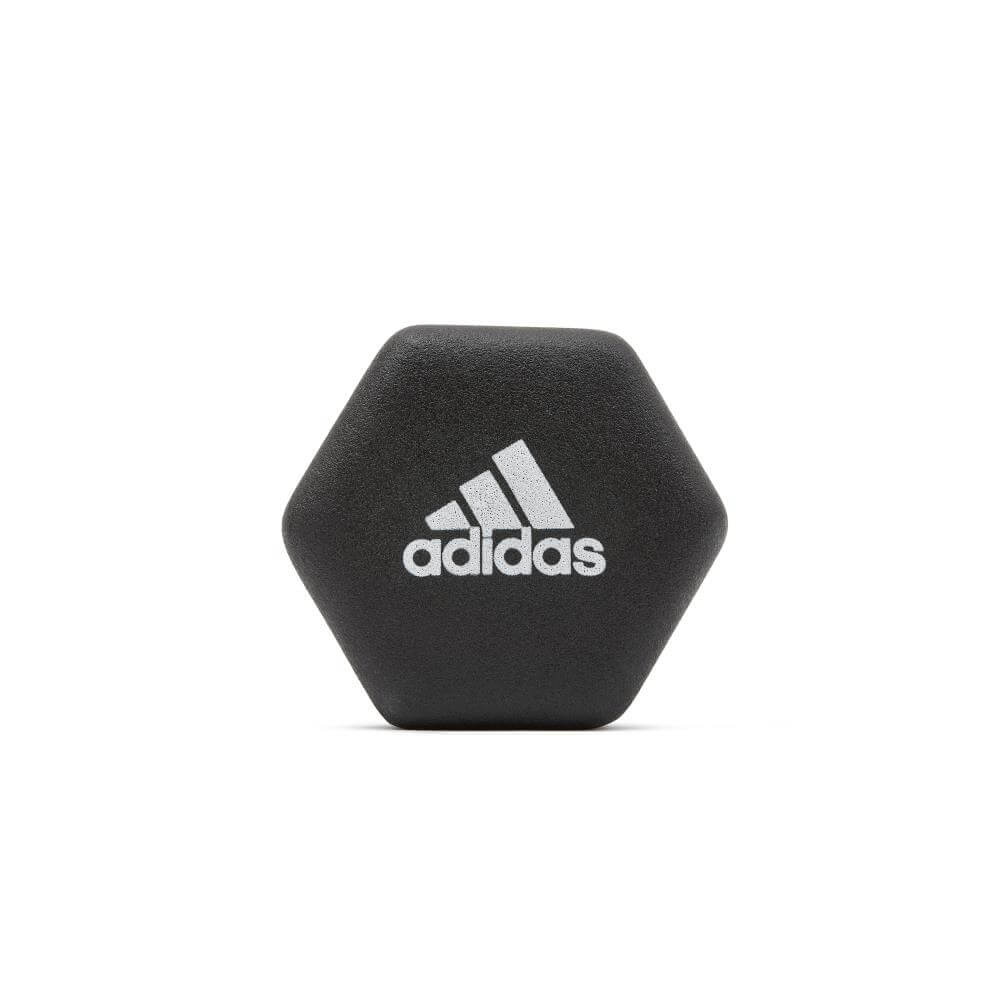 adidas-4kg-dumbbells showing adidas logo on hexagon end of dumbbell