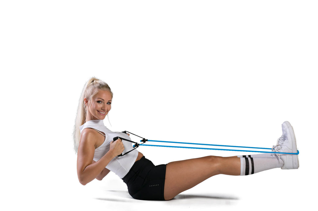 Woman exercising with an Azure Tone Trainer Resistance Tube - Row Exercise