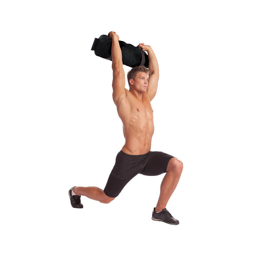 Man performing lunges holding a Body Sculpture Sandbag Training Bag over his head