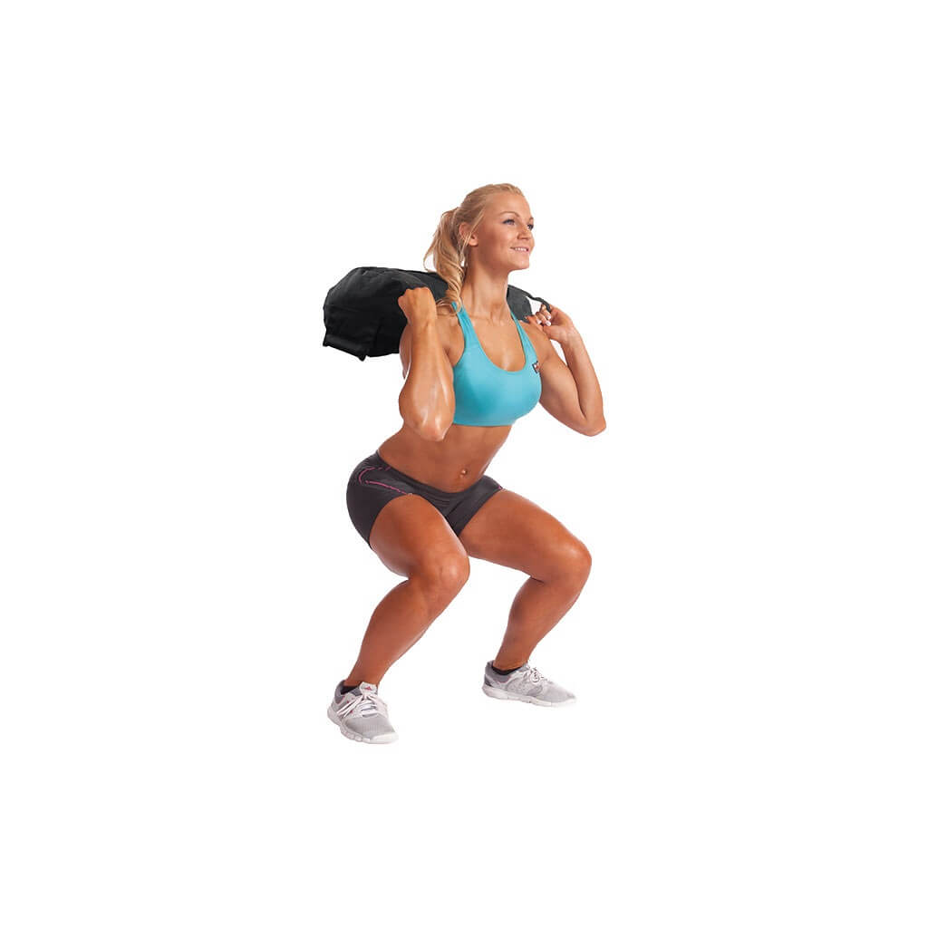 Woman performing squats holding a Body Sculpture Sandbag Training Bag on her shoulders