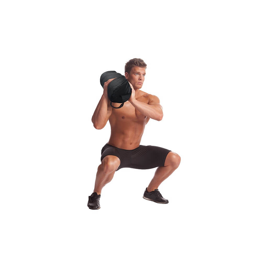 Man performing squats holding a Body Sculpture Sandbag Training Bag on his shoulder