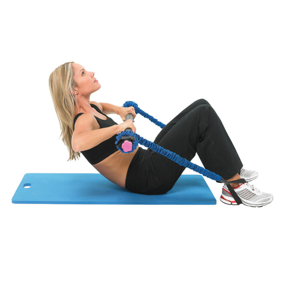 Woman exercising with resistance bands on a Fitness Mad 10mm Studio Aerobic Mat