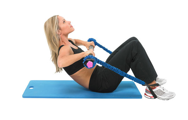 Woman exercising with resistance bands whilst sitting on a Fitness Mad Studio Pro Aerobic Mat 15mm