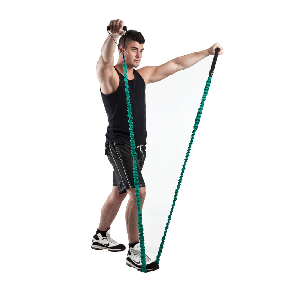 Man exercising using a light Fitness Mad Safety Resistance Tube Trainer - Front Raises