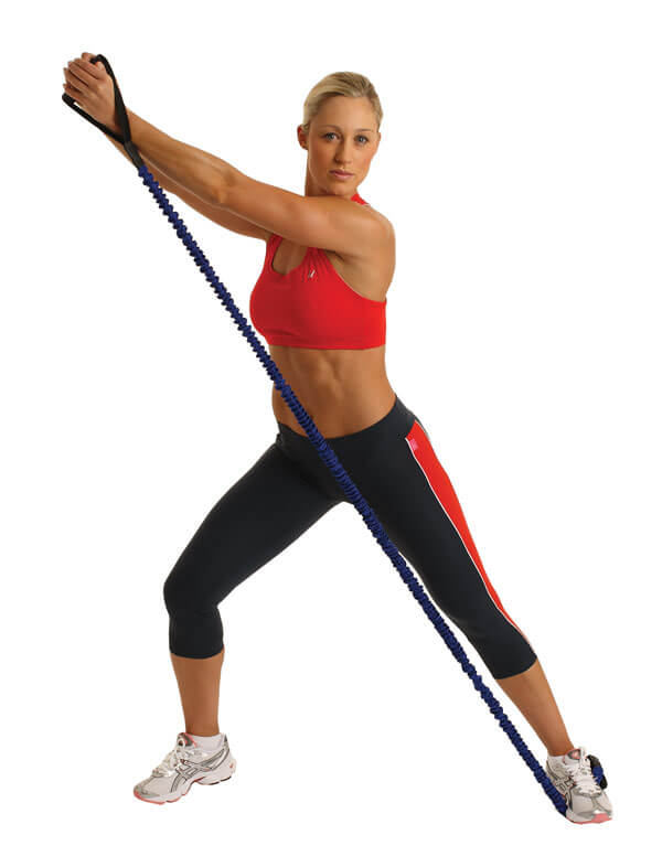 Woman exercising with a medium Fitness Mad Safety Resistance Tube Trainer - Medium, Blue