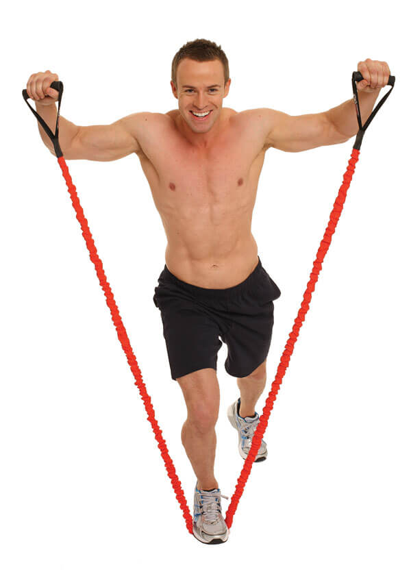 Man exercising with a strong Fitness Mad Safety Resistance Tube Trainer - Strong, Red