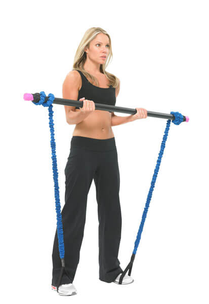Woman exercising with resistance bands tied to a Fitness Mad 6kg Studio Pro Weighted Bar