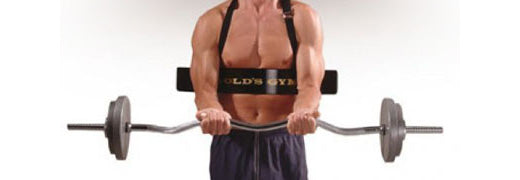 Man lifting a barbell whilst wearing a Golds Gym Biceps Isolator
