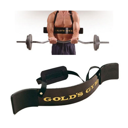Golds Gym Biceps Isolator and a man wearing a Golds Gym Biceps Isolator whilst lifting a barbell with weight plates on it
