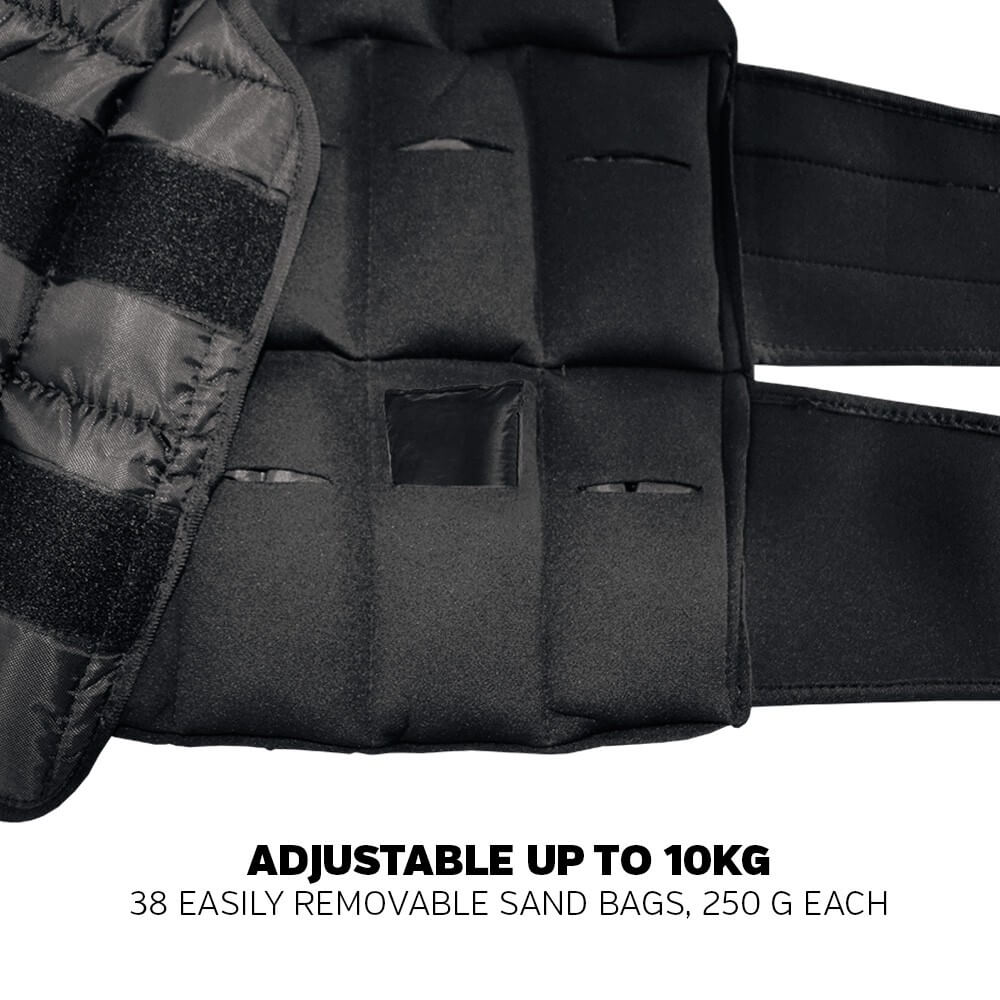 Iron Gym 10kg Adjustable Weighted Vest showing the removeable sandbags