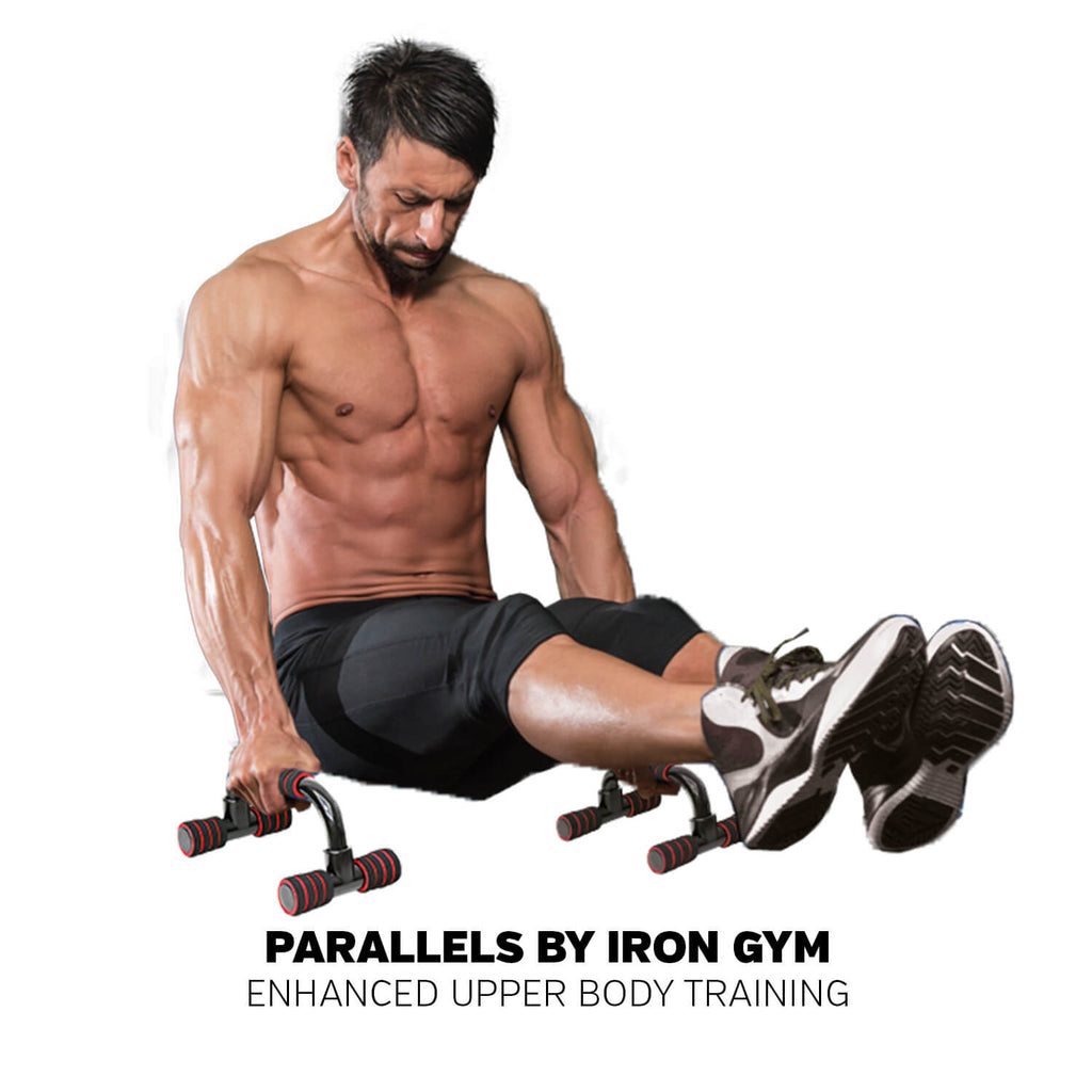 Man exercising using Iron Gym Parallel Bars
