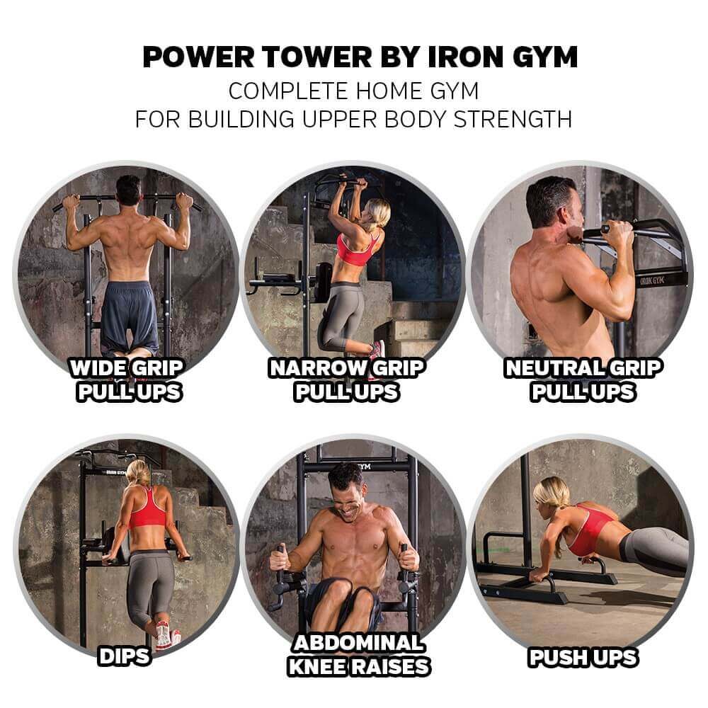 Iron Gym Power Tower - 6 photos showing various exercises which can be performed using the Iron Gym Power Tower as a complete home gym