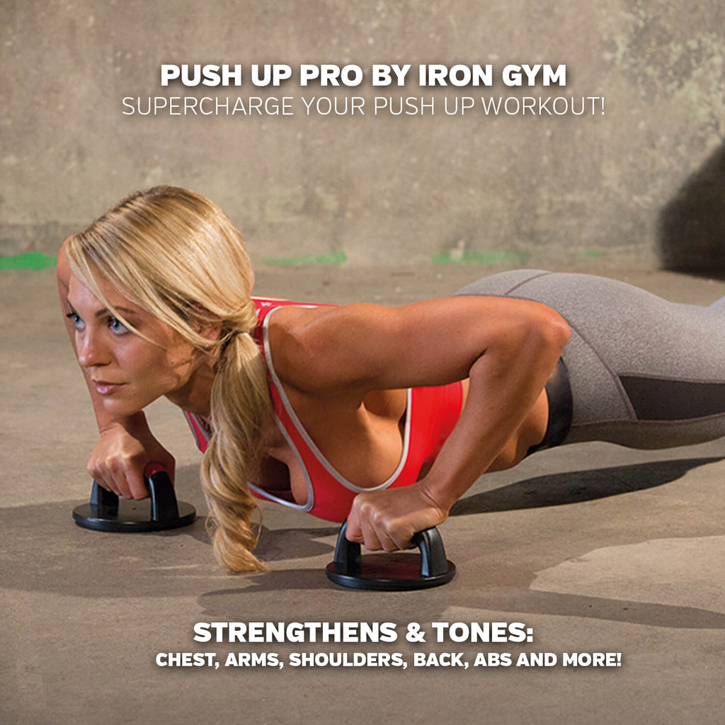 Woman peforming push ups using Iron Gym Push Up Pro