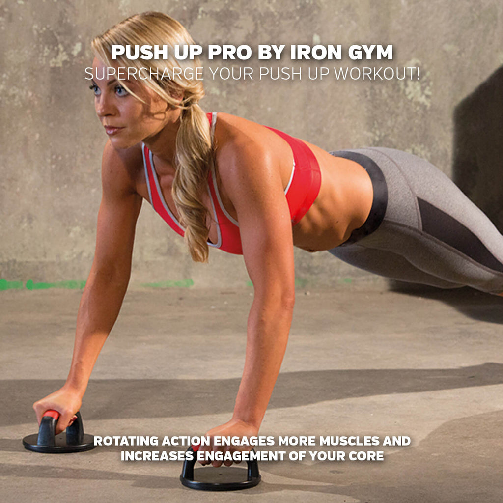 Woman performing push ups using Iron Gym Push Up Pro