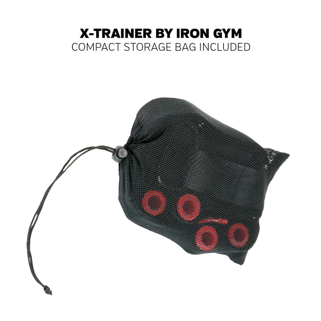 Iron Gym X-Trainer in its compact mesh storage bag