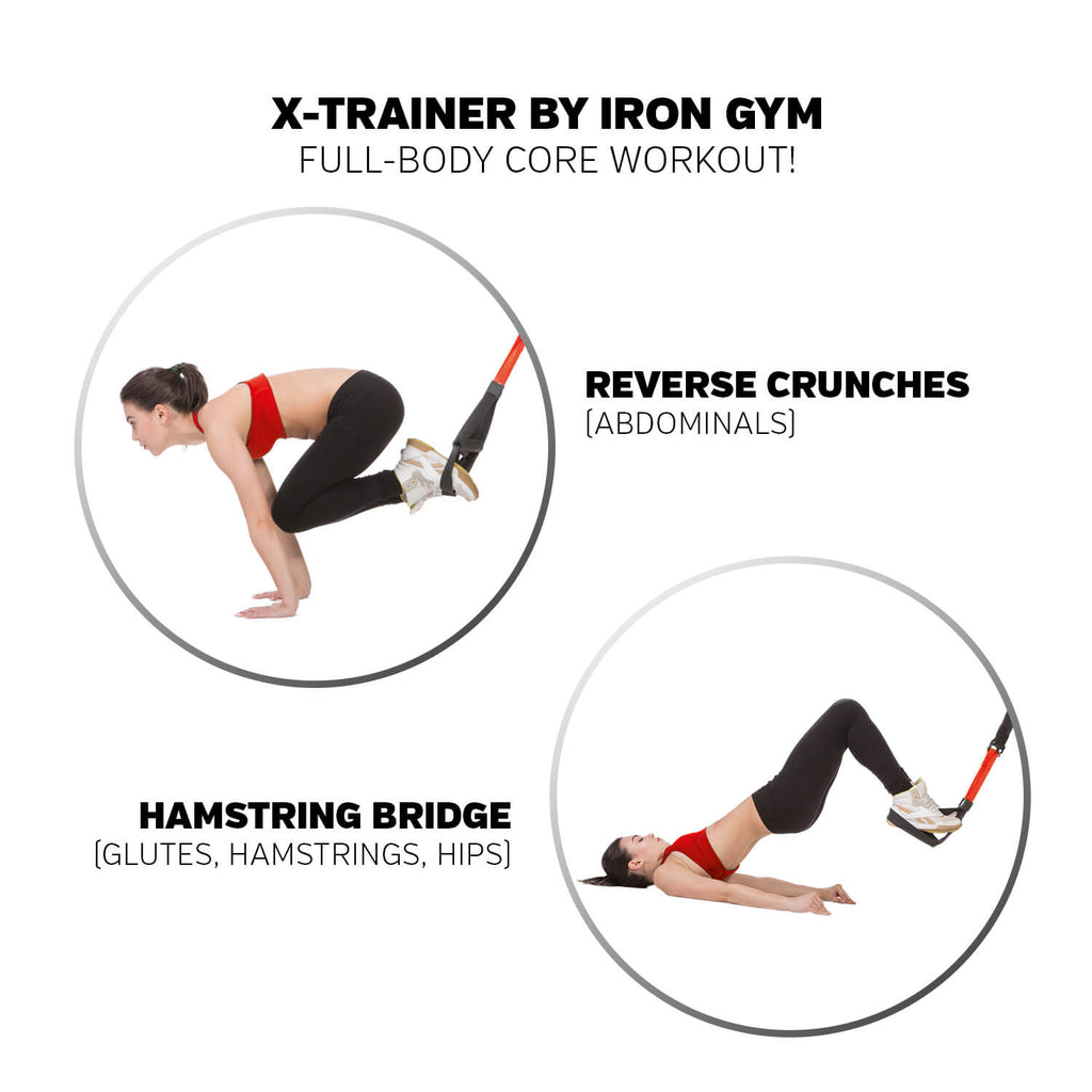 2 pictures showing woman performing reverse crunches and hamstring bridge using Iron Gym X-Trainer