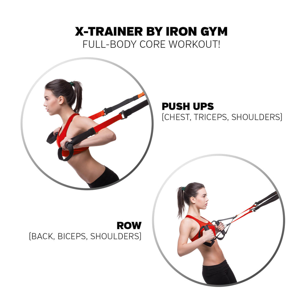 2 pictures showing woman performing push ups and rows using an Iron Gym X-Trainer