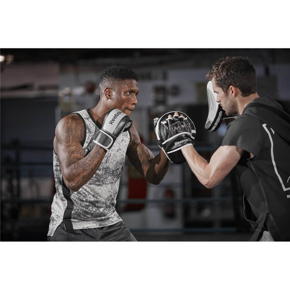 Two men doing pad training wearing Reebok Boxing Mitts - Grey