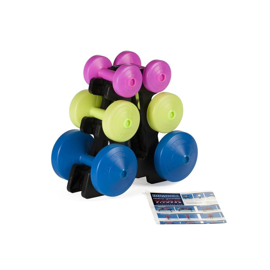 York 35lb Vinyl Dumbbell Set with Stand and exercise guide
