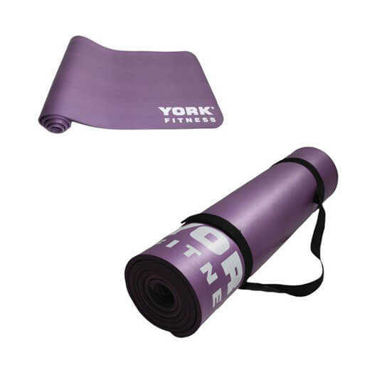 York Fitness Deluxe 10mm Mat - Rolled with  carry straps and unrolled