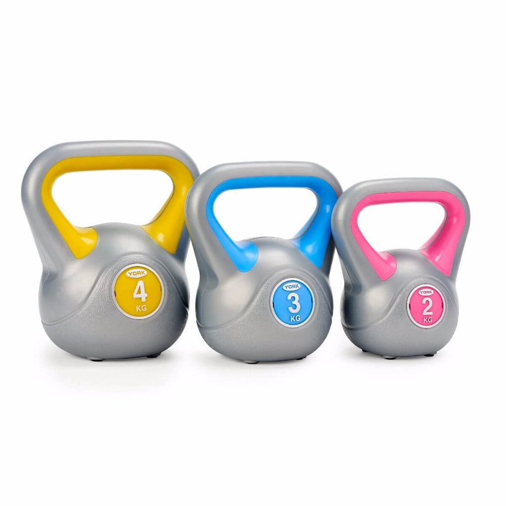 York Vinyl Kettlebell Set including 2kg, 3kg and 4kg weights