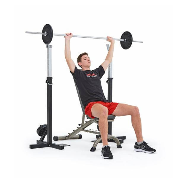 Barbell shoulder press with the York squat stands